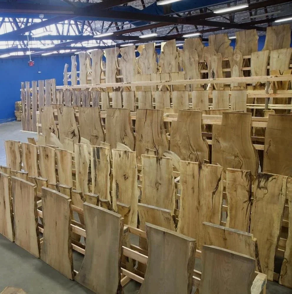 Vermont Tree Goods Showroom with 100's of massive live edge slabs on display for purchase and viewing.