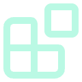 A graphic with four turquoise squares arranged in a square pattern on a dark background.