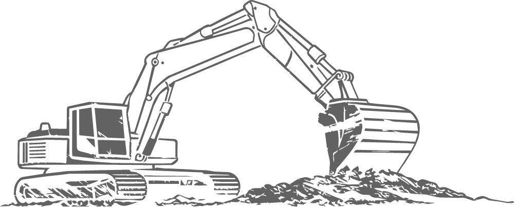 Line drawing of an excavator digging into the ground with a scoop full of soil.