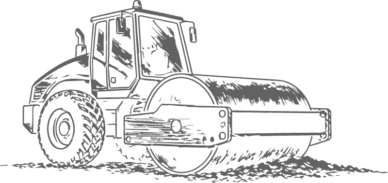 Illustration of a road roller steamroller in black and white.