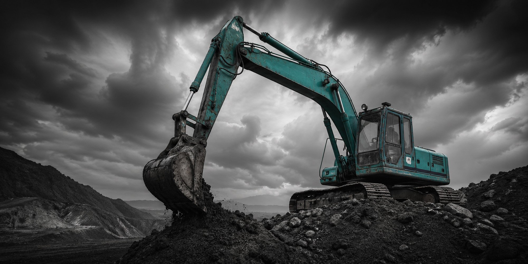 A teal excavator digging into dark, rocky soil on a mountainous landscape under a stormy, cloudy sky.