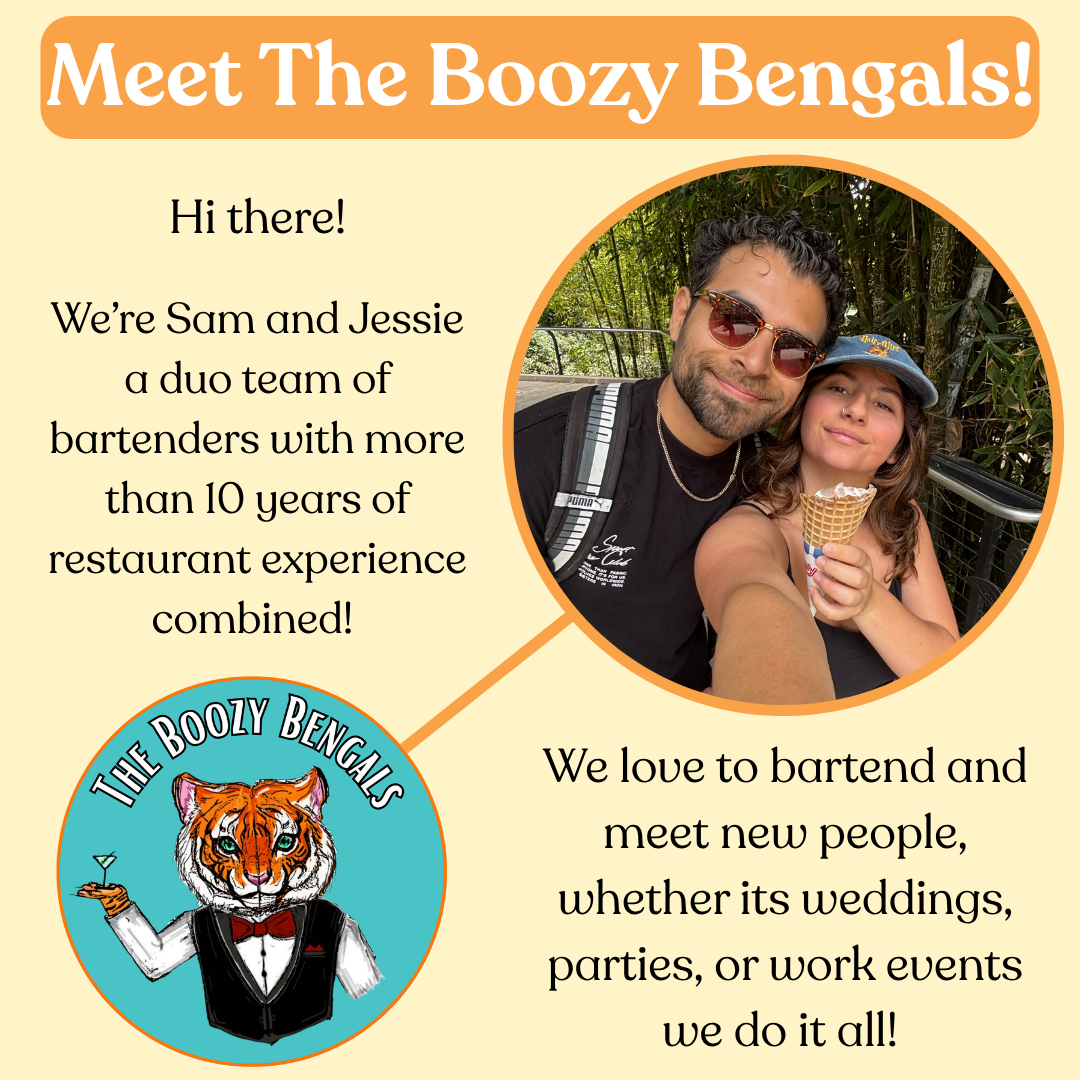 An informational poster introducing The Boozy Bengals, a duo of bartenders with 10 years of restaurant experience, featuring a photo of a young man and woman, presumably Sam and Jessie, smiling and taking a selfie with an ice cream cone in a lush outdoor setting.