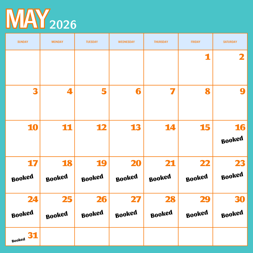 May 2026 calendar with booked dates marked in black text on specific days, including the 17th, 18th, 19th, 20th, 21st, 22nd, 23rd, 24th, 25th, 26th, 27th, 28th, 29th, 30th, and 31st.