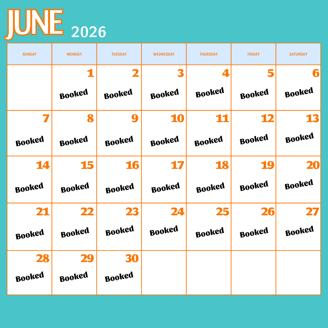 June 2026 calendar with dates marked as 'Booked' from June 1st to June 30th, Thursday to Thursday.