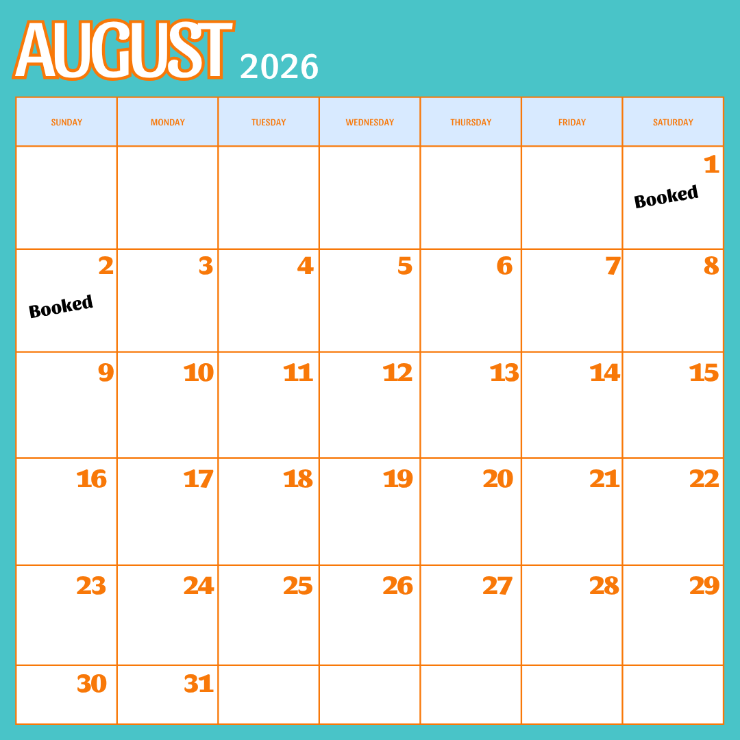 August 2026 calendar with booked dates on August 1 and 2, marked in black, and the days of the week listed from Sunday to Saturday in orange text.