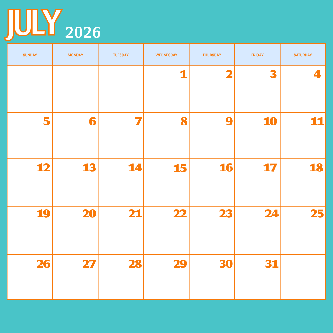 August 2026 calendar with the month and year displayed at the top, with days of the week labeled from Sunday to Saturday. The dates are marked in orange, and the calendar is on a teal background with orange grid lines.