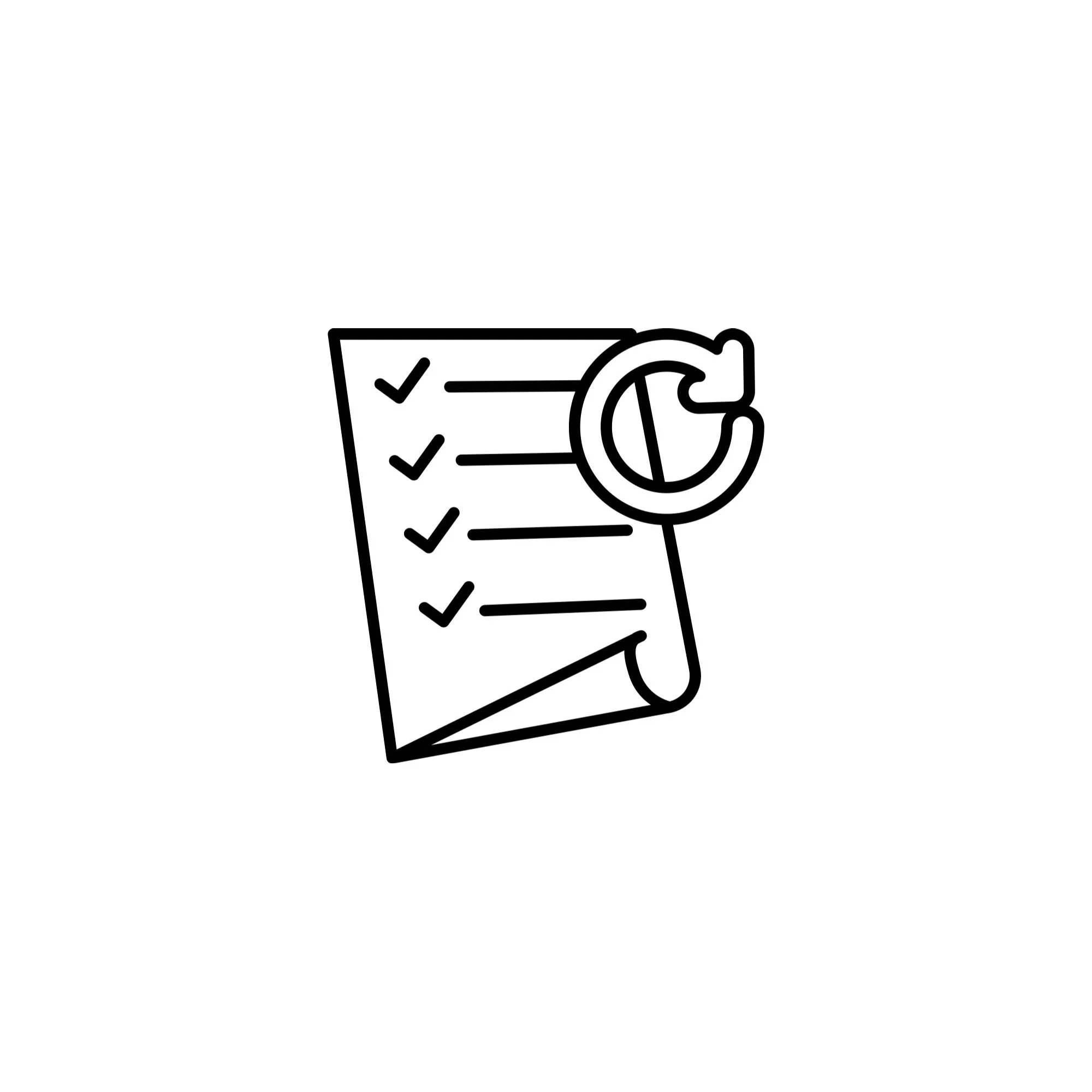Black outline drawing of a receipt with checkmarks and a doughnut with a bite taken out of it.