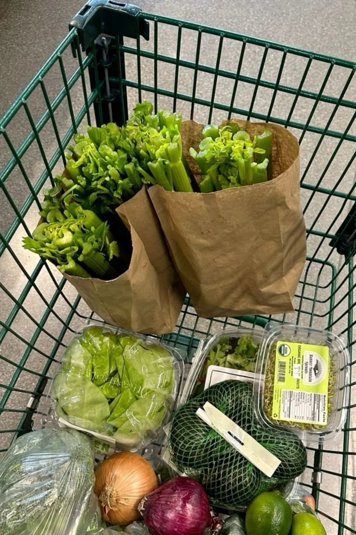 A grocery cart filled with fresh vegetables and produce including green celery, lettuce, onions, avocados, limes, and packaged salad greens.
