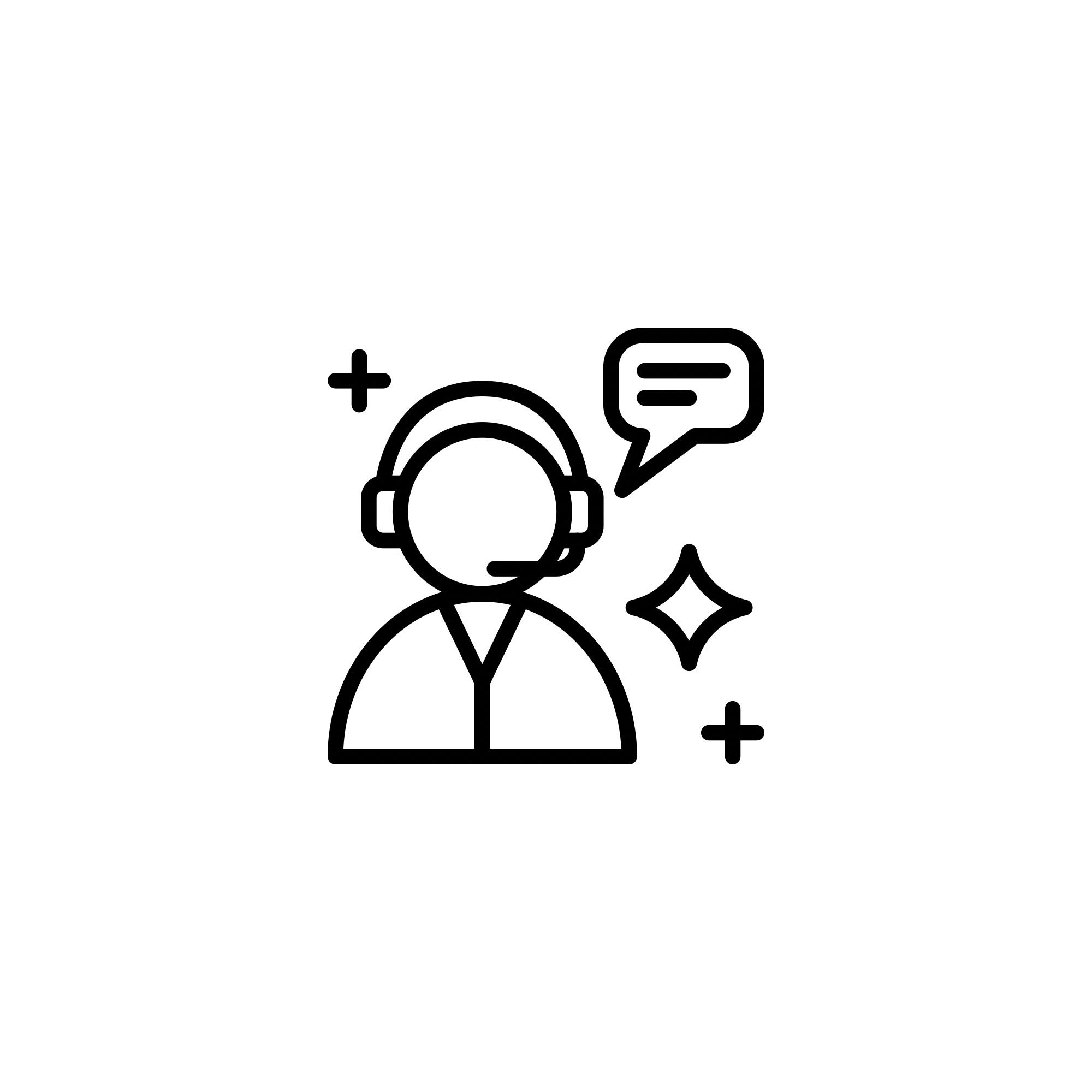 Black outline of a person with headphones and a speech bubble, plus symbols and stars indicating communication or discussion.