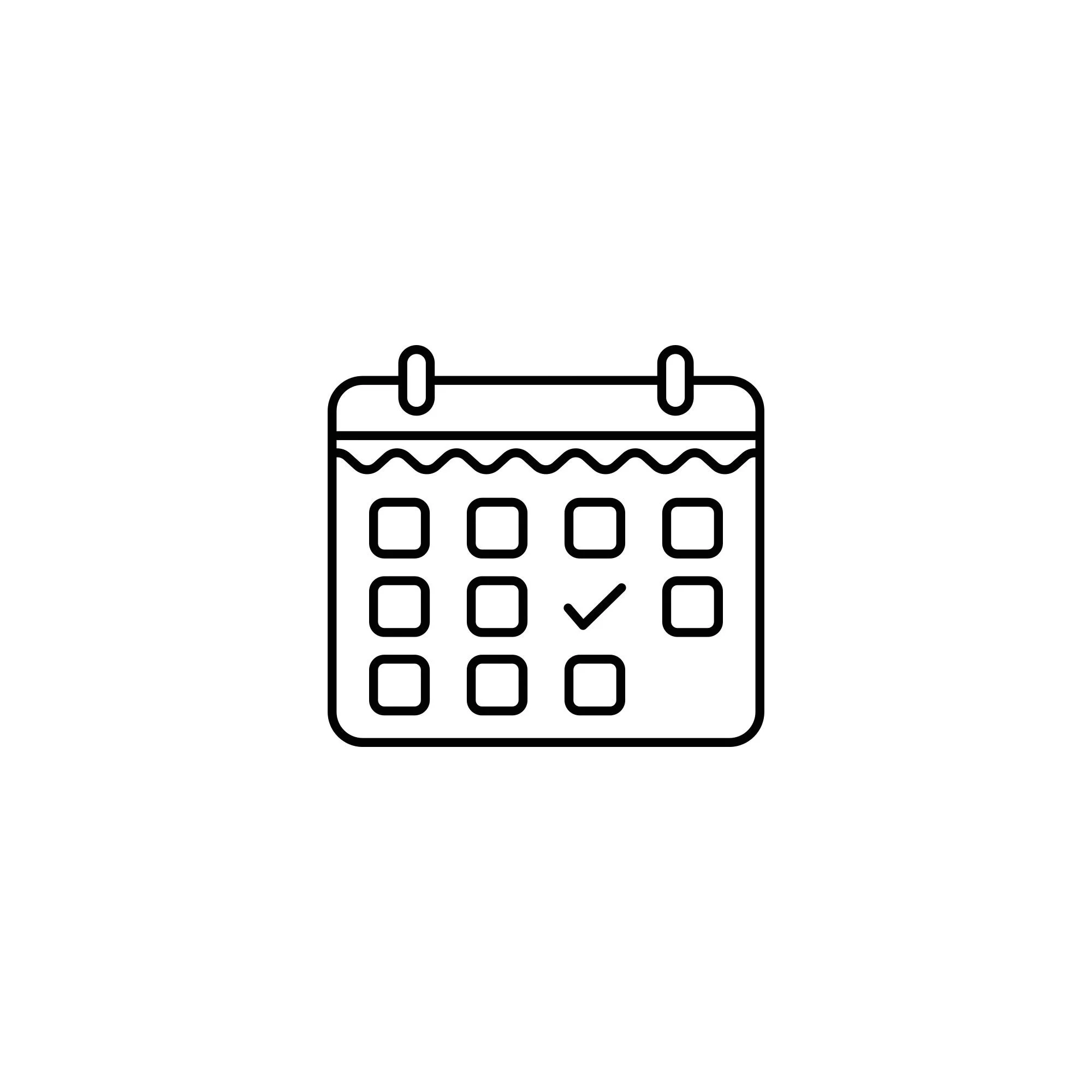 Black and white line drawing of a calendar with a cake on top and a checkmark on one of the dates.