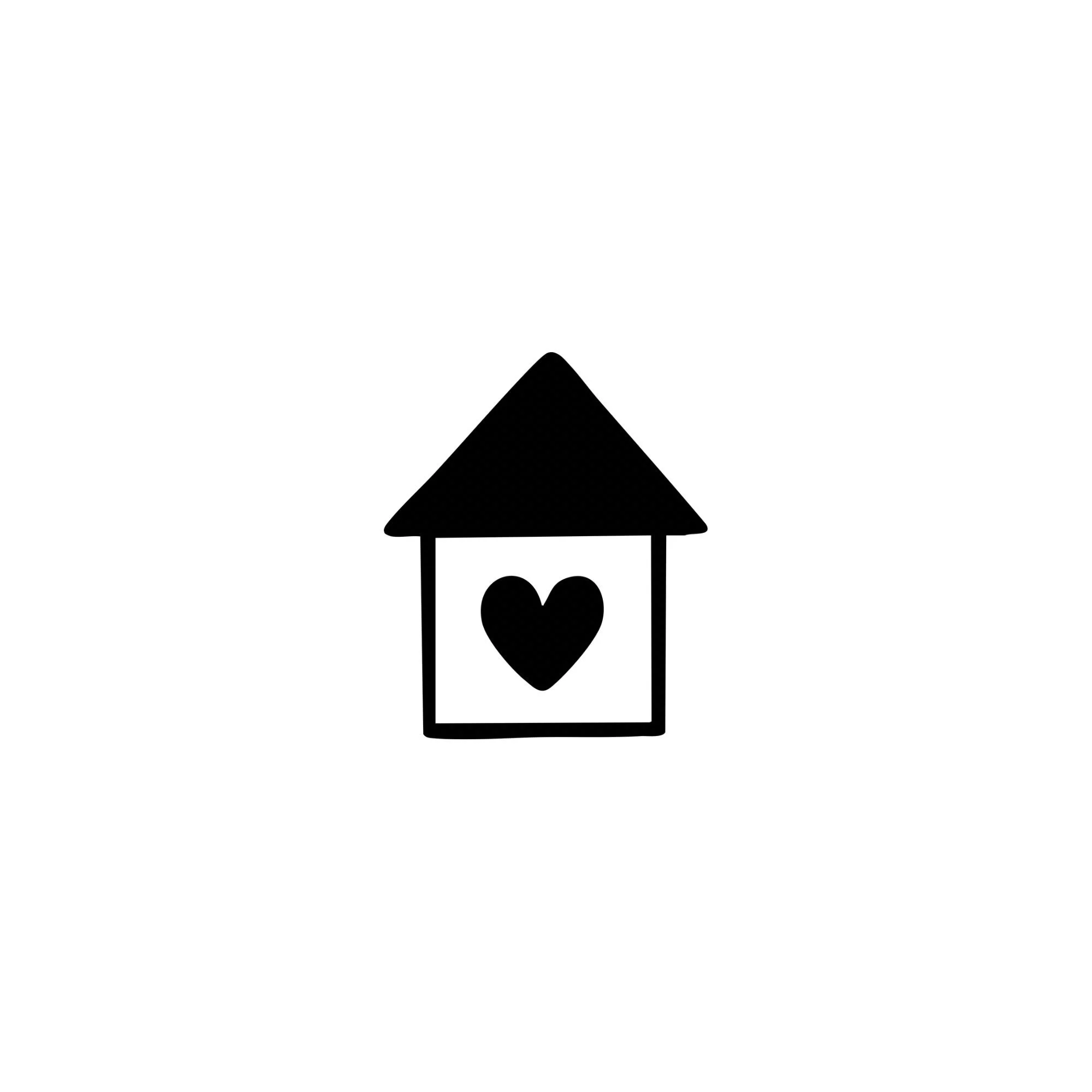 Black silhouette of a birdhouse with a heart-shaped opening, hanging from a thin string or wire.