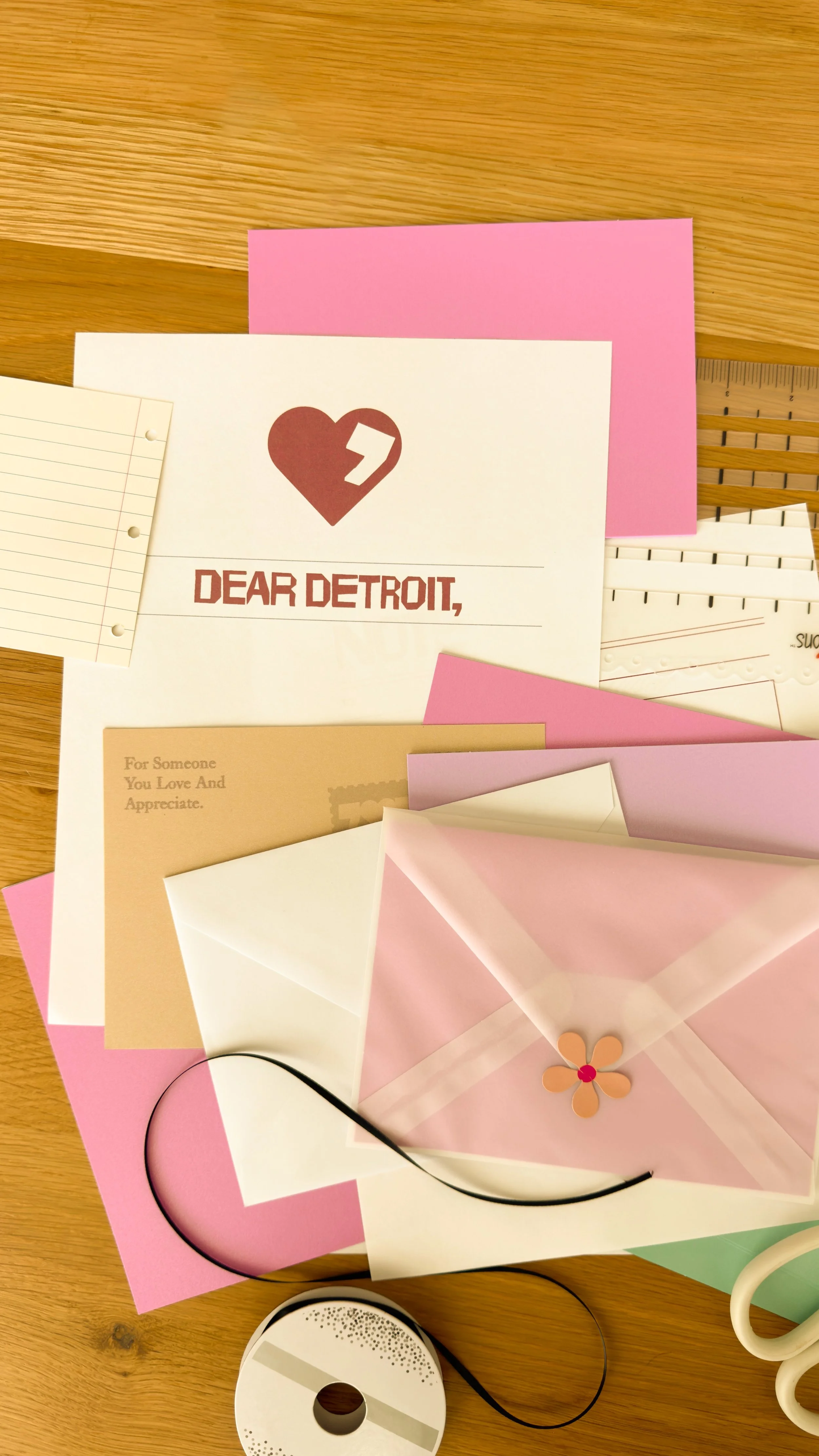 Various colorful paper cards and envelopes on a wooden surface, including a card with a heart and the words "Dear Detroit," with other notes and decorative items scattered around.