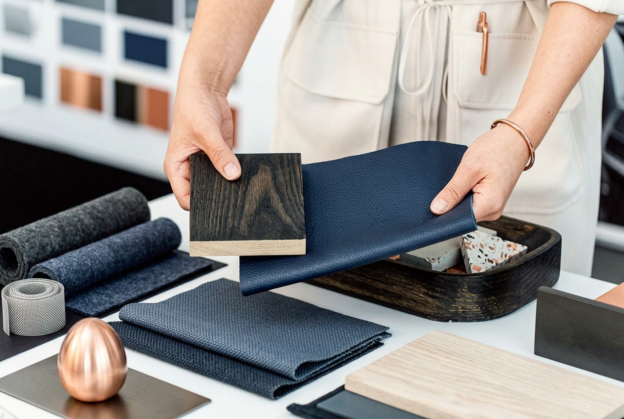 A person in beige clothing is holding a piece of dark wood and a piece of textured blue fabric at a design or fabric selection station. Various fabric swatches, a copper-colored eggshell decorative object, and other material samples are arranged on the table.