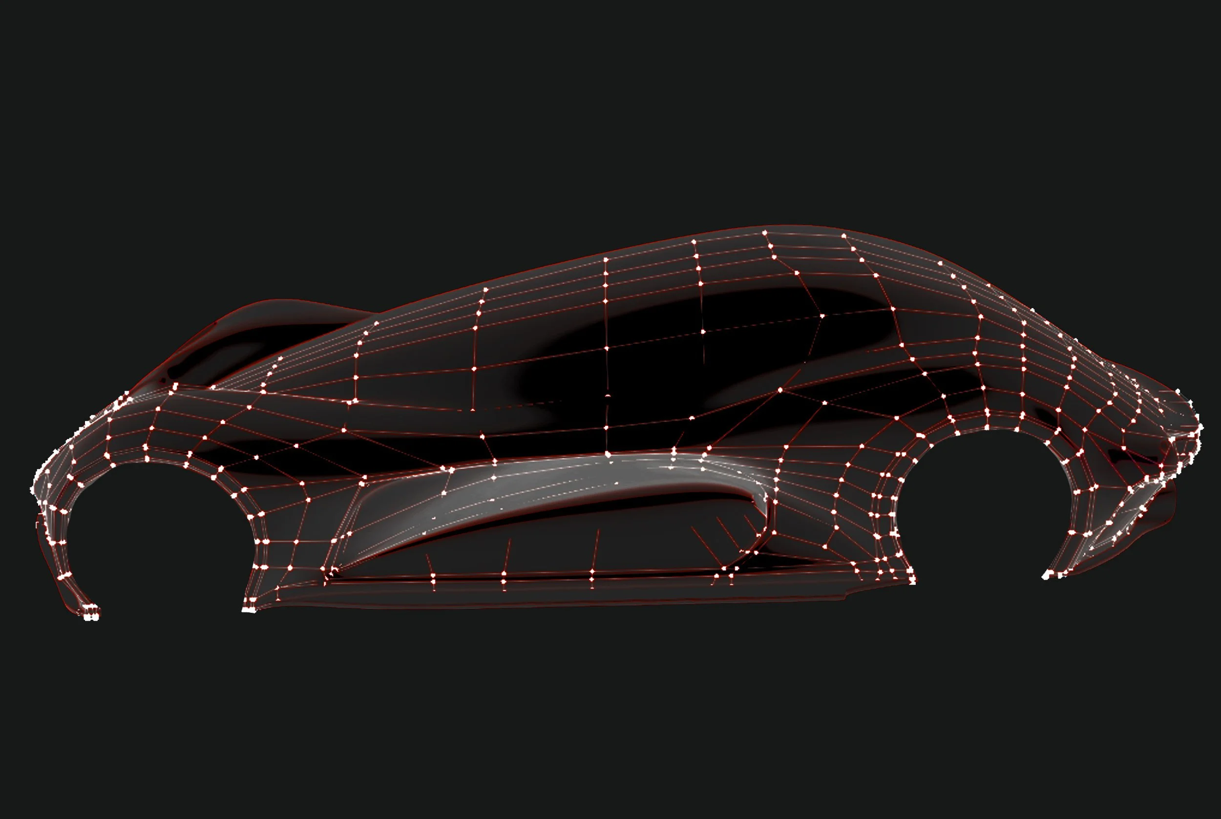 Digital wireframe model of a sports car with glowing red and white lines on a black background.