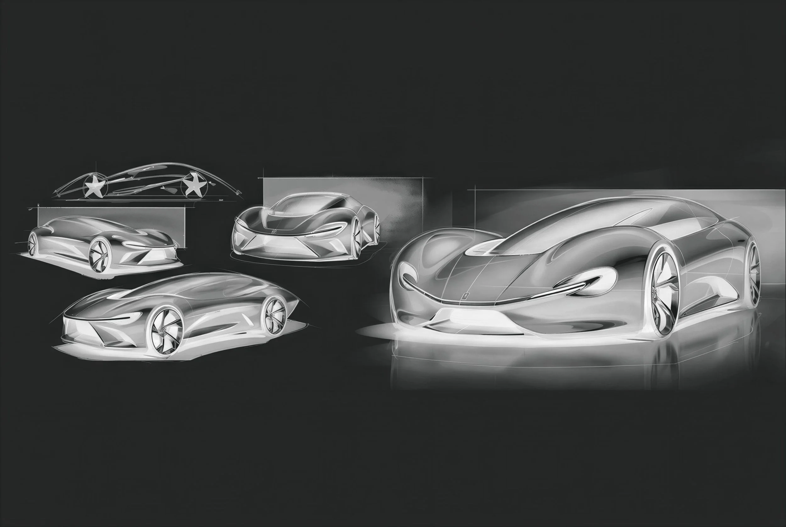 Sketches of futuristic sports cars on black background, showing different angles and designs.