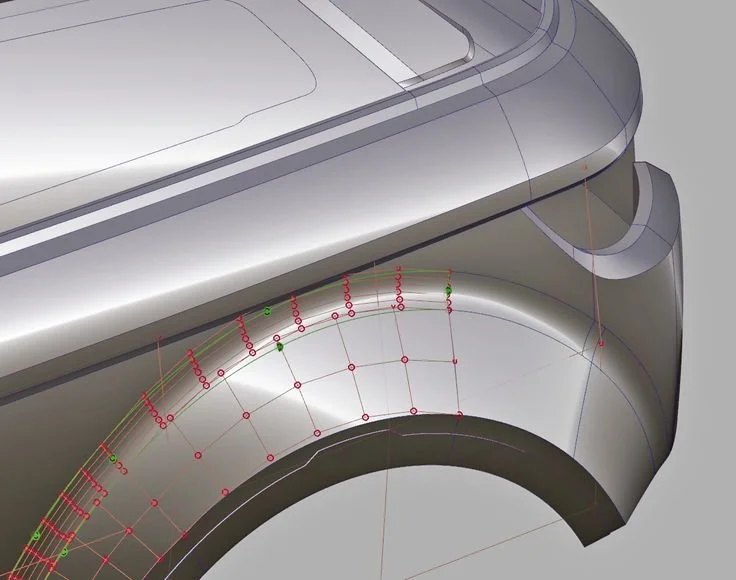 Close-up of a 3D CAD model of a mechanical component, showing detailed design and geometric measurements.