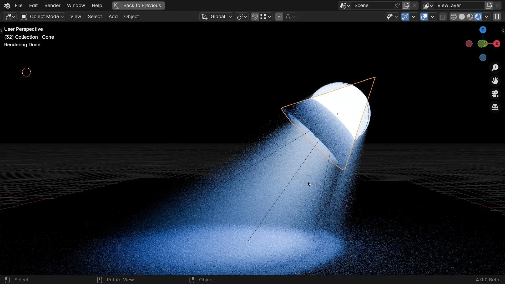 A screenshot of a 3D modeling software displaying a scene with a cone emitting particles, a spinning cube, and coordinate axes on a black background.