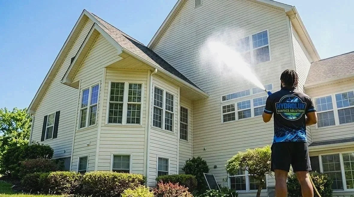 HydroLux technician soft washing the exterior of a white house