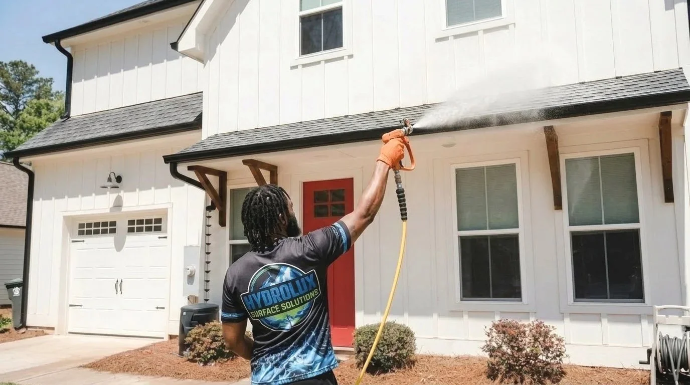 man spraying house with orange softwash gun