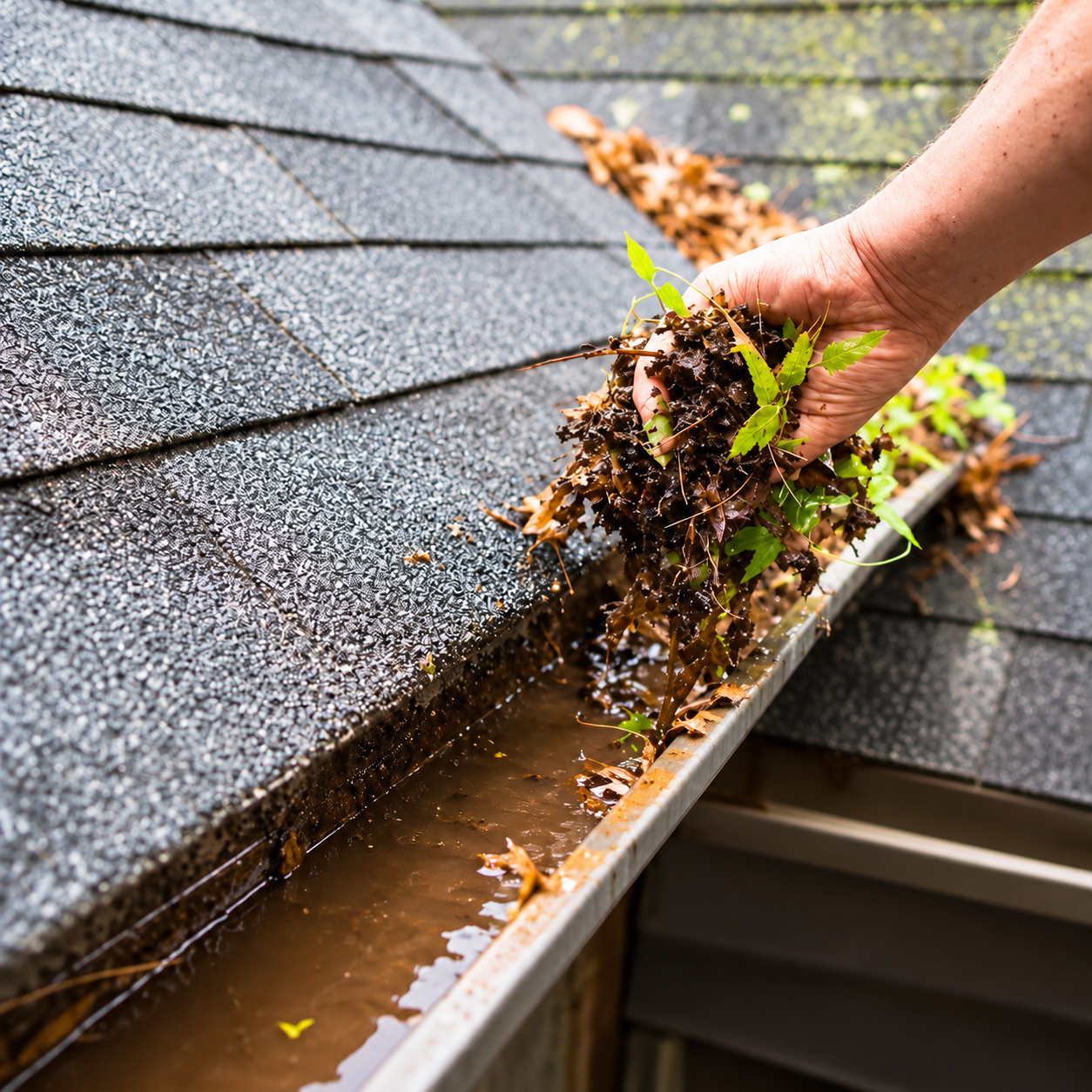 roof gutter cleaning closeup