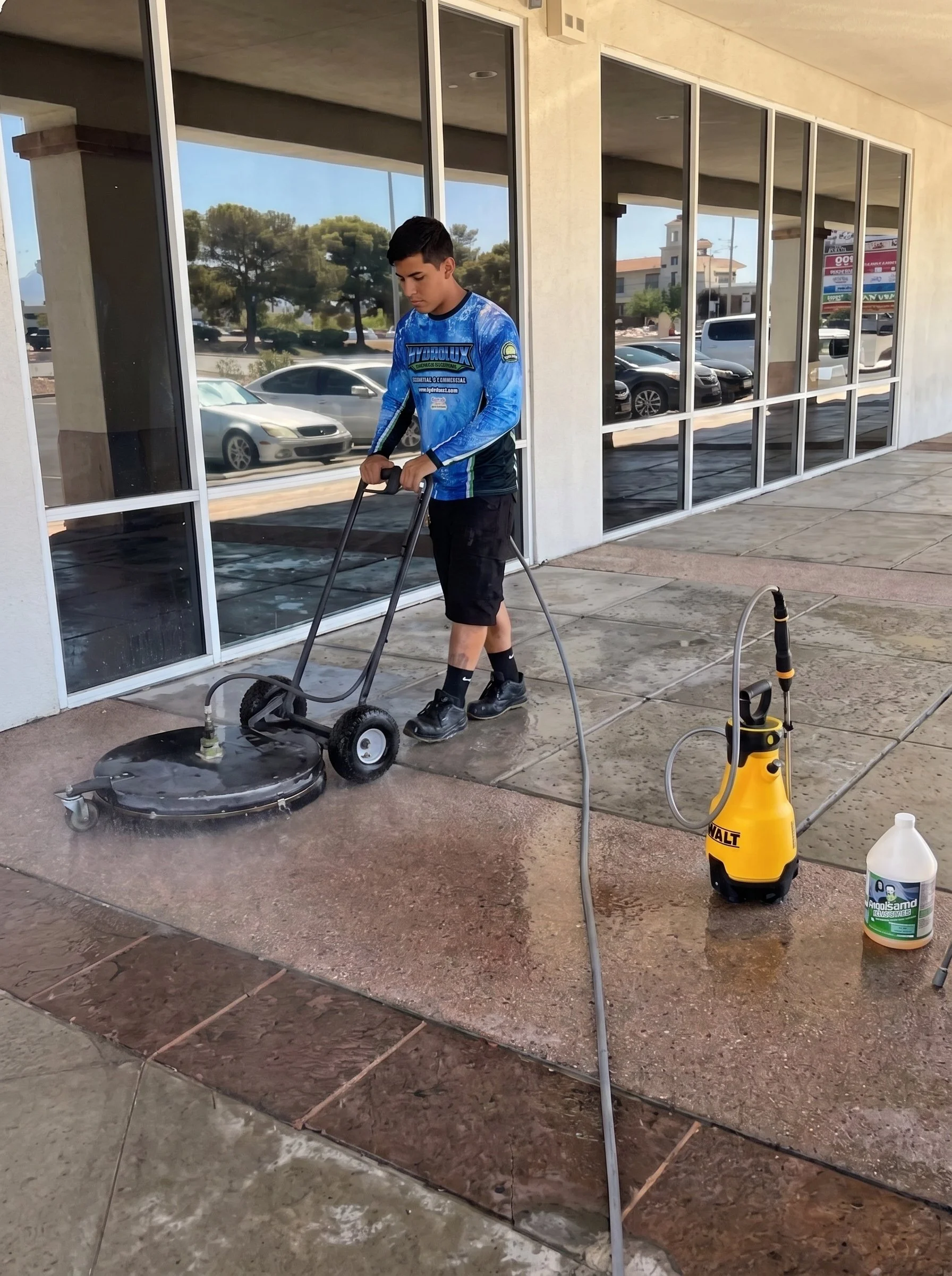 Professional surface cleaning of a commercial concrete walkway and entry area
