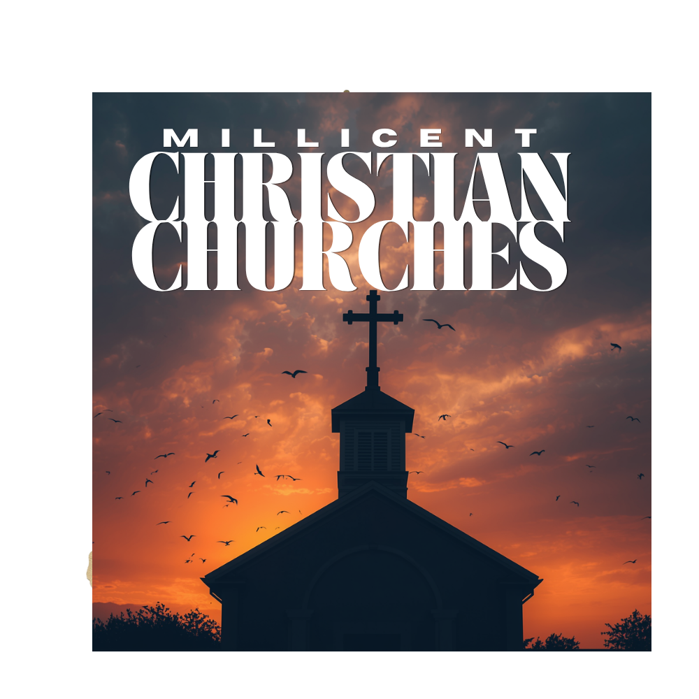 Silhouette of a church with a cross on top against a sunset sky with clouds and flying birds, overlaid with text reading 'Millicent Christian Churches'.