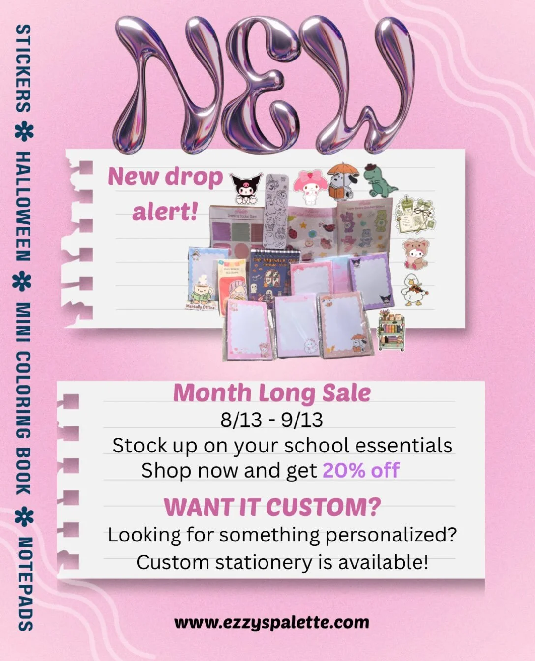 ✨ NEW ARRIVALS ARE HERE! ✨
Shop the newest additions to Ezzy&rsquo;s Palette 🛍️💗 
Alongside a special 20% month-long sale&nbsp;going on! 8/13 - 9/13 

If you see something you would want custom? Let me know! My DMs are always open! 💌

#backtoschoo