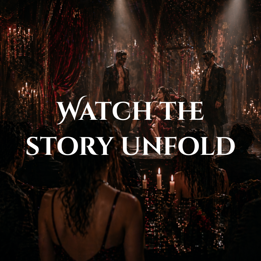 A theatrical scene with two men and a woman on stage, surrounded by candles and audience members in a dark, elaborate setting, with the text 'Watch the story unfold' overlayed.