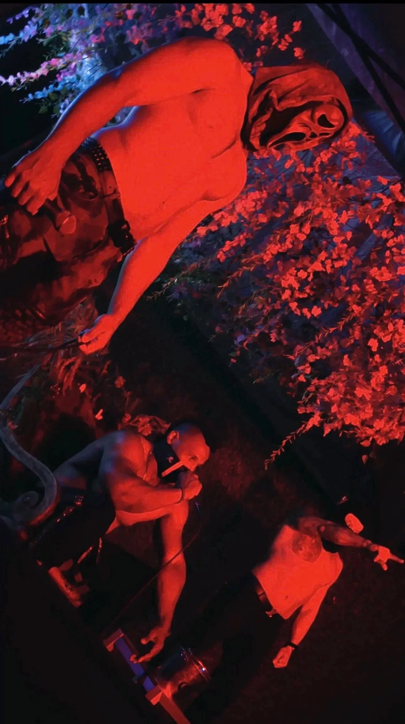 People exercising outdoors at night under red lighting; some are on stationary bikes, others are doing bodyweight exercises, surrounded by trees and flowers.