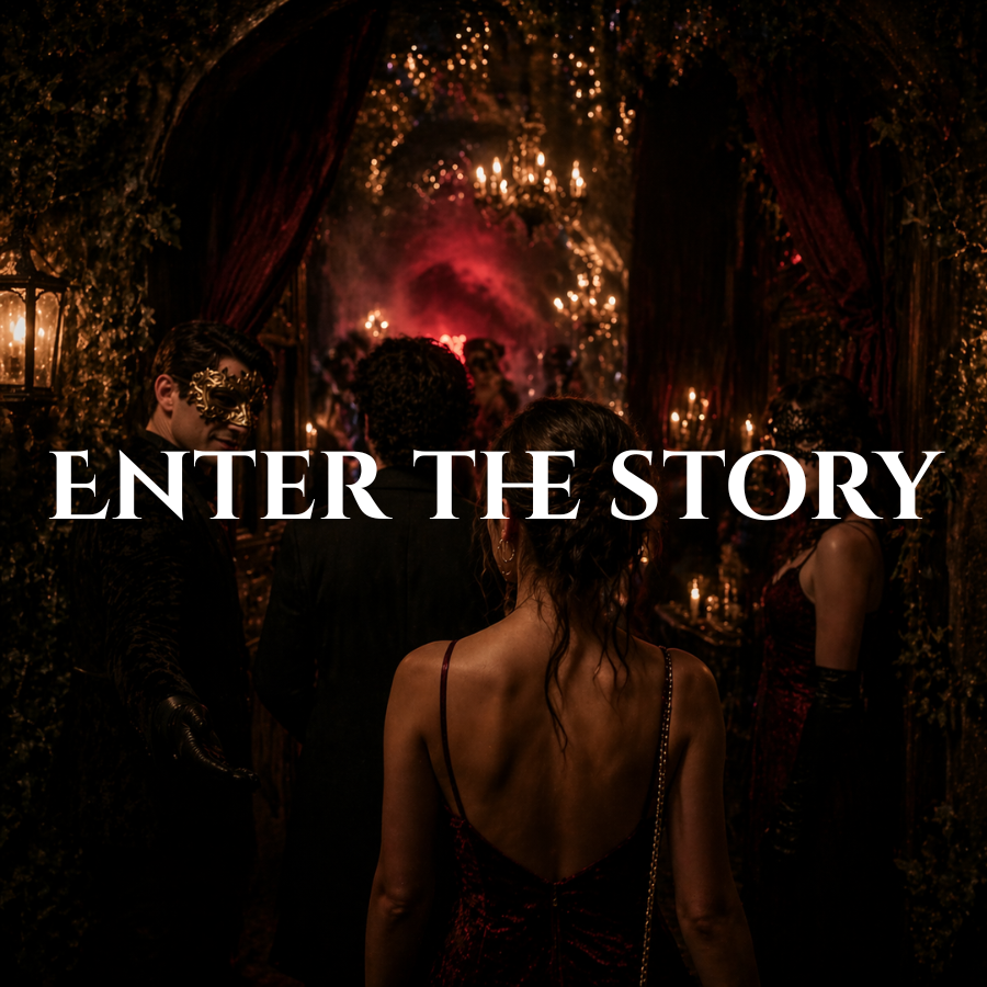 People in elegant attire at a dimly lit, decorative party or event with candles and chandeliers, and the words 'Enter the Story' overlaid.