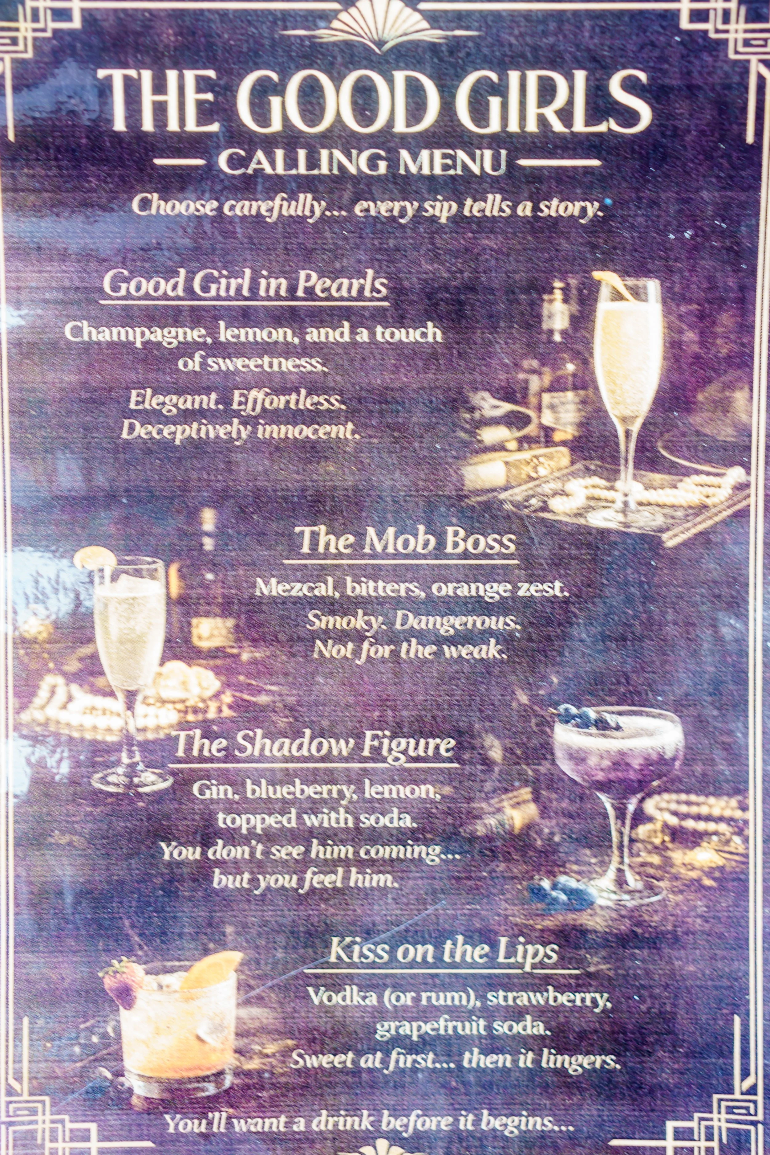 Menu for a themed bar or restaurant called 'The Good Girls Calling Menu.' It features beverage recipes and descriptions, including a 'Good Girl in Pearls' cocktail with champagne, lemon, and sweetness, and a 'Kiss on the Lips' cocktail with vodka, st