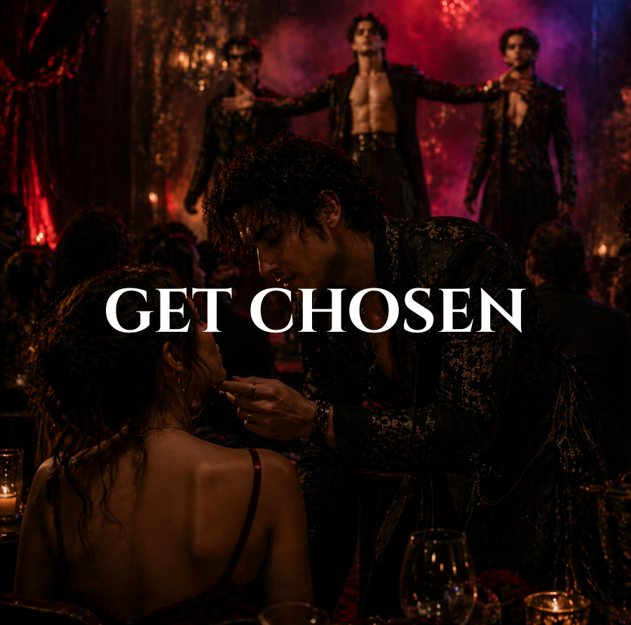 A dark, glamorous scene with a man applying lipstick to a woman at a fancy event, with a stage and performers in the background, and the text "GET CHOSEN" overlaid.