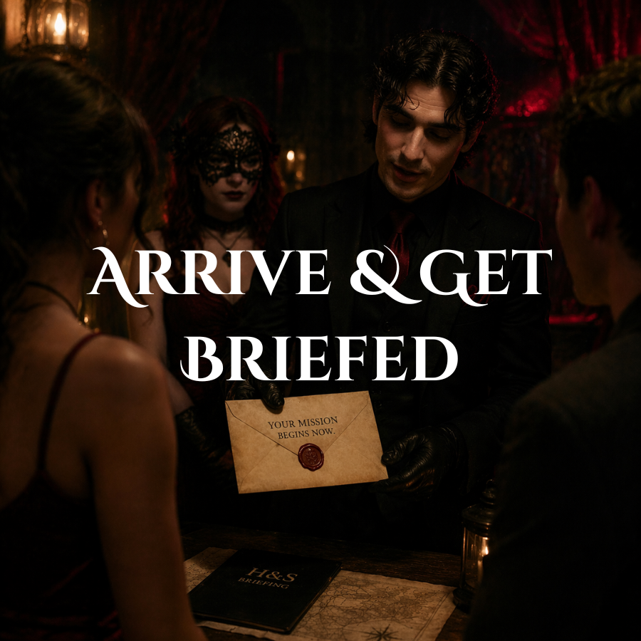 A man in a suit showing a sealed envelope labeled 'Your mission begins now' to a group of four people in a dimly lit, elegant setting. The scene suggests a briefing or secretive meeting.