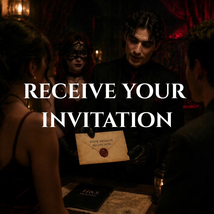 People in a dark, luxurious setting with a man holding an envelope that says 'Your Mission Begins Now' while surrounded by others, one wearing a lace mask. The text 'Receive Your Invitation' overlays the image.