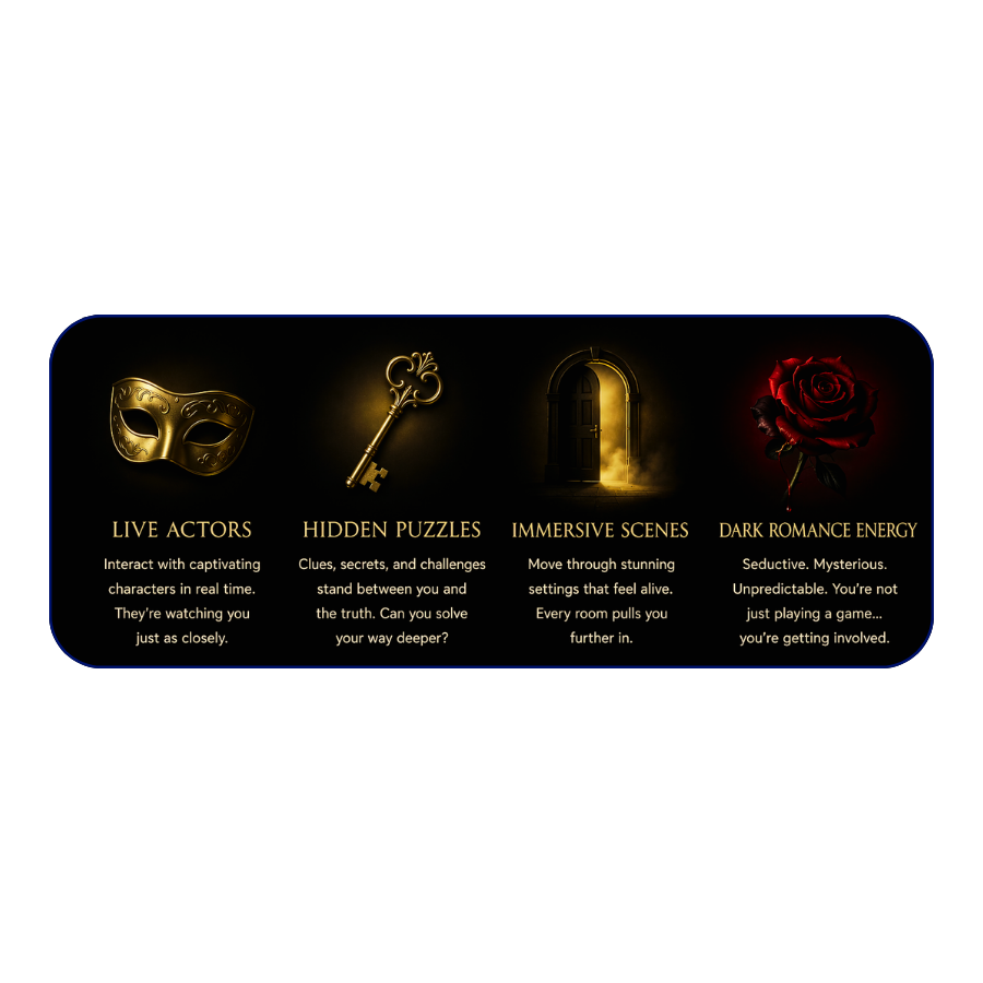 Gaming interface with four sections: Live Actors, Hidden Puzzles, Immersive Scenes, Dark Romance Energy, each with an icon and description.