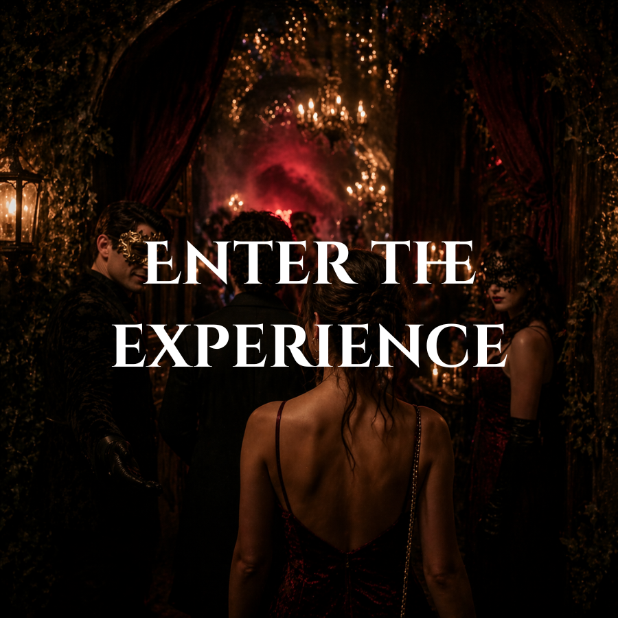 People at a masquerade ball in a dimly lit, elegant setting with ornate decorations and a chandelier, with the text 'Enter the Experience' overlaid.