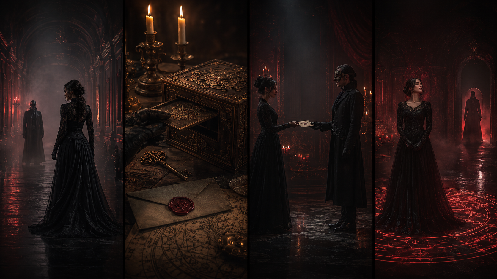 A dark, atmospheric scene with gothic elements. A woman in a black lace dress stands in a hallway facing a man in a long coat and mask, handing him a letter. Candles illuminate the background. The floor has mystic symbols. An ornate box and sealed letter are also present on a table with candles and mystical artifacts.