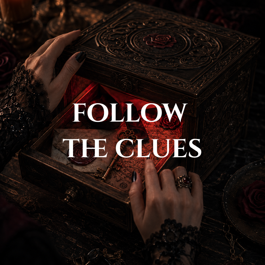 A person with dark lace sleeves opens an ornate, vintage jewelry box illuminated by a red glow, with text overlay saying "Follow the Clues."