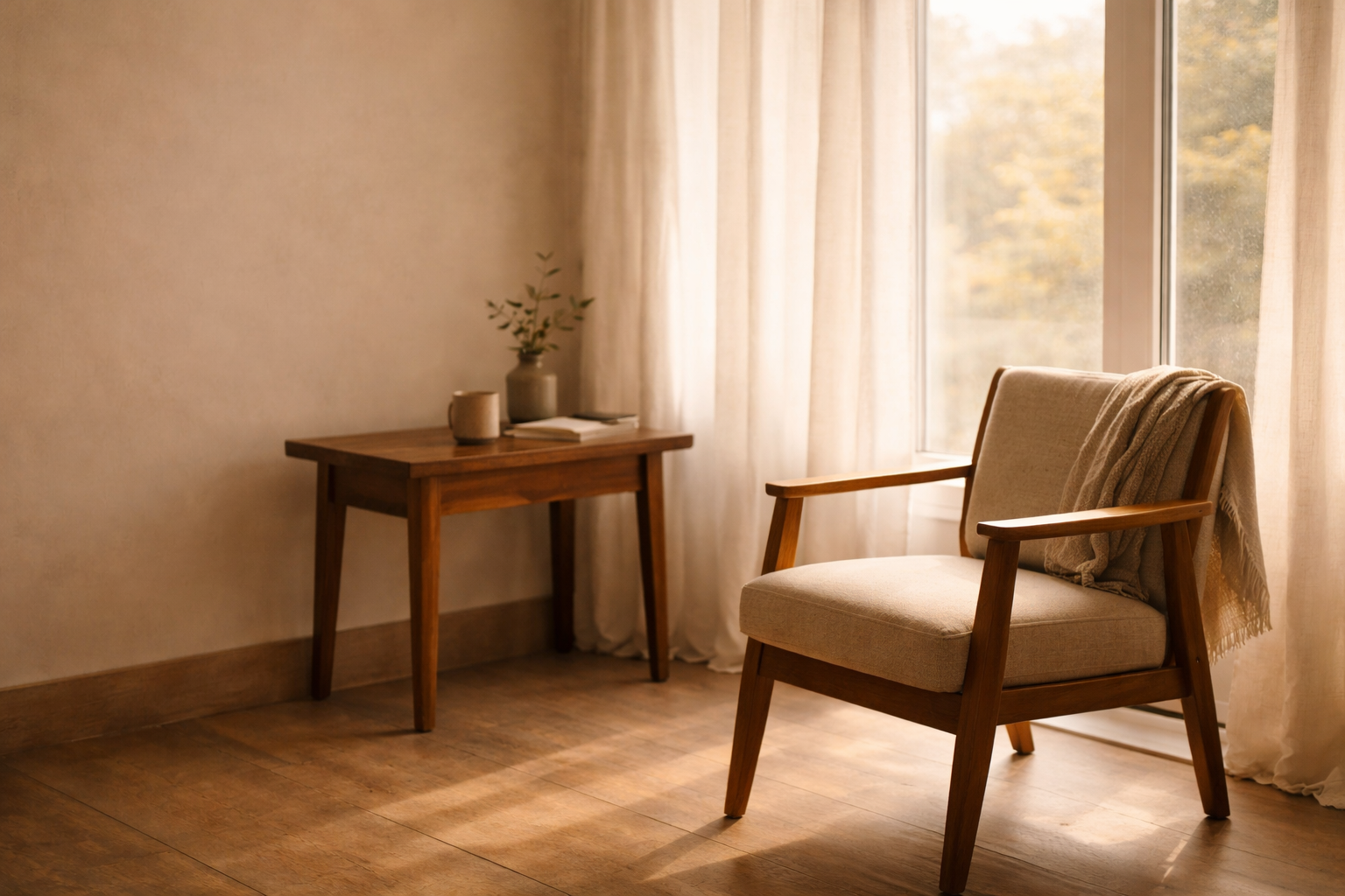 A warm, softly lit quiet corner of a room with natural morning light