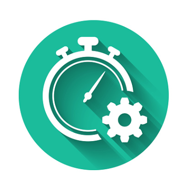 Icône d'un chronomètre avec une aiguille pointant vers une heure et un engrenage, symbole de gestion du temps ou de productivité.