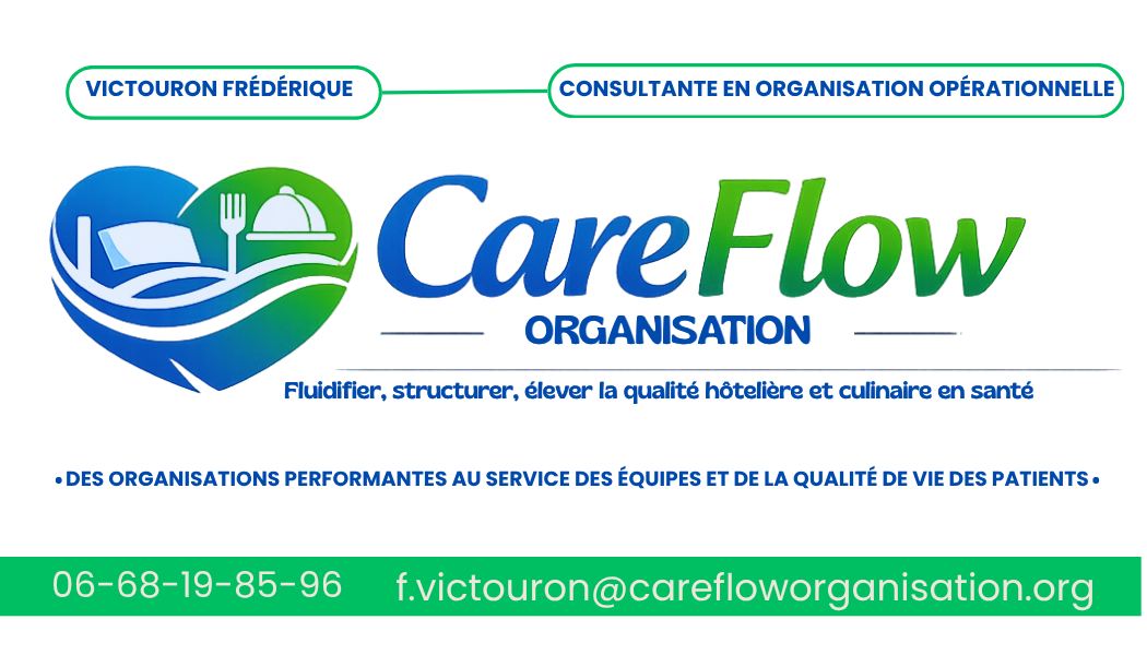 Une affiche promotionnelle pour CareFlow Organisation, dirigée par Victoroun Frédérique, une spécialiste en organisation opérationnelle dans le secteur de la santé. Inclut un logo avec des icônes de repas, d'eau, et de services de santé, ainsi que des coordonnées téléphoniques et une adresse email.