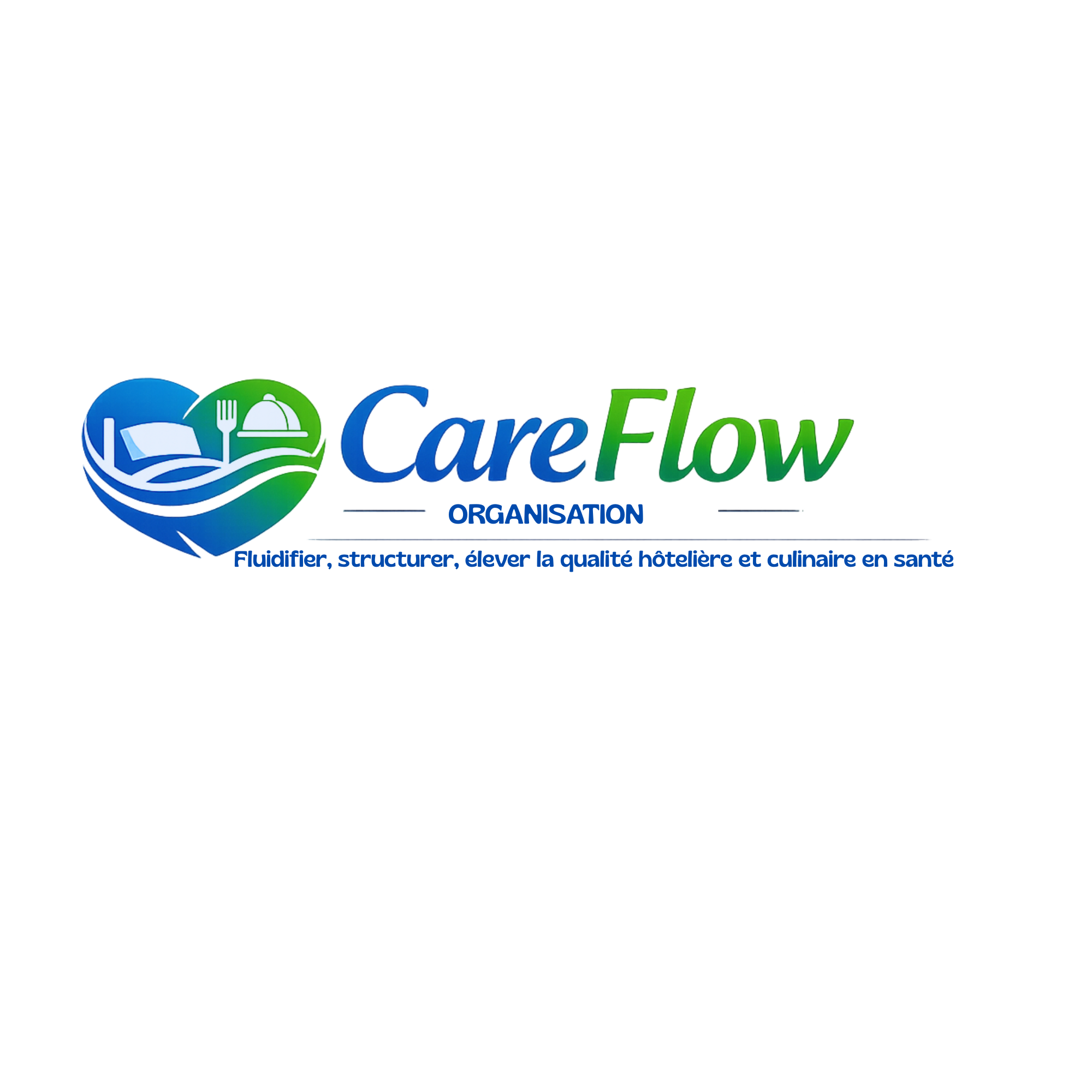 Logo de CareFlow, organisation pour améliorer la qualité hôtelnière et culinaire en santé, avec un symbole de cœur, vagues, une assiette, un couteau, et un chapeau de chef.