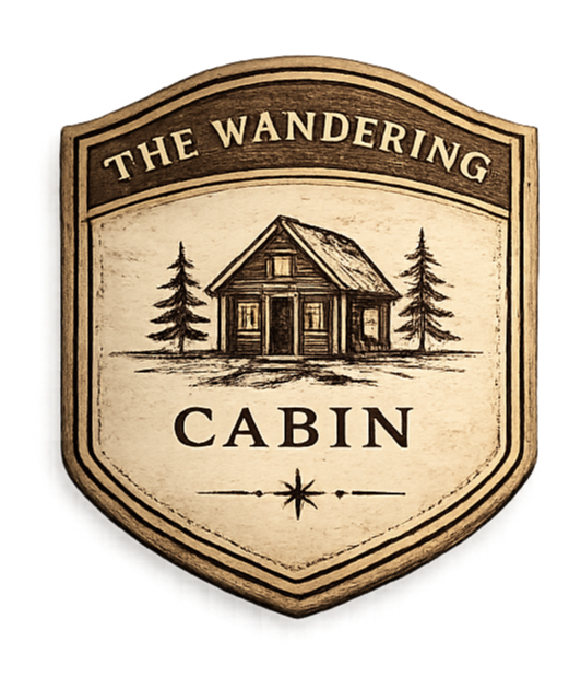 A vintage-style badge with a cabin illustration and the text 'The Wandering Cabin' on top.