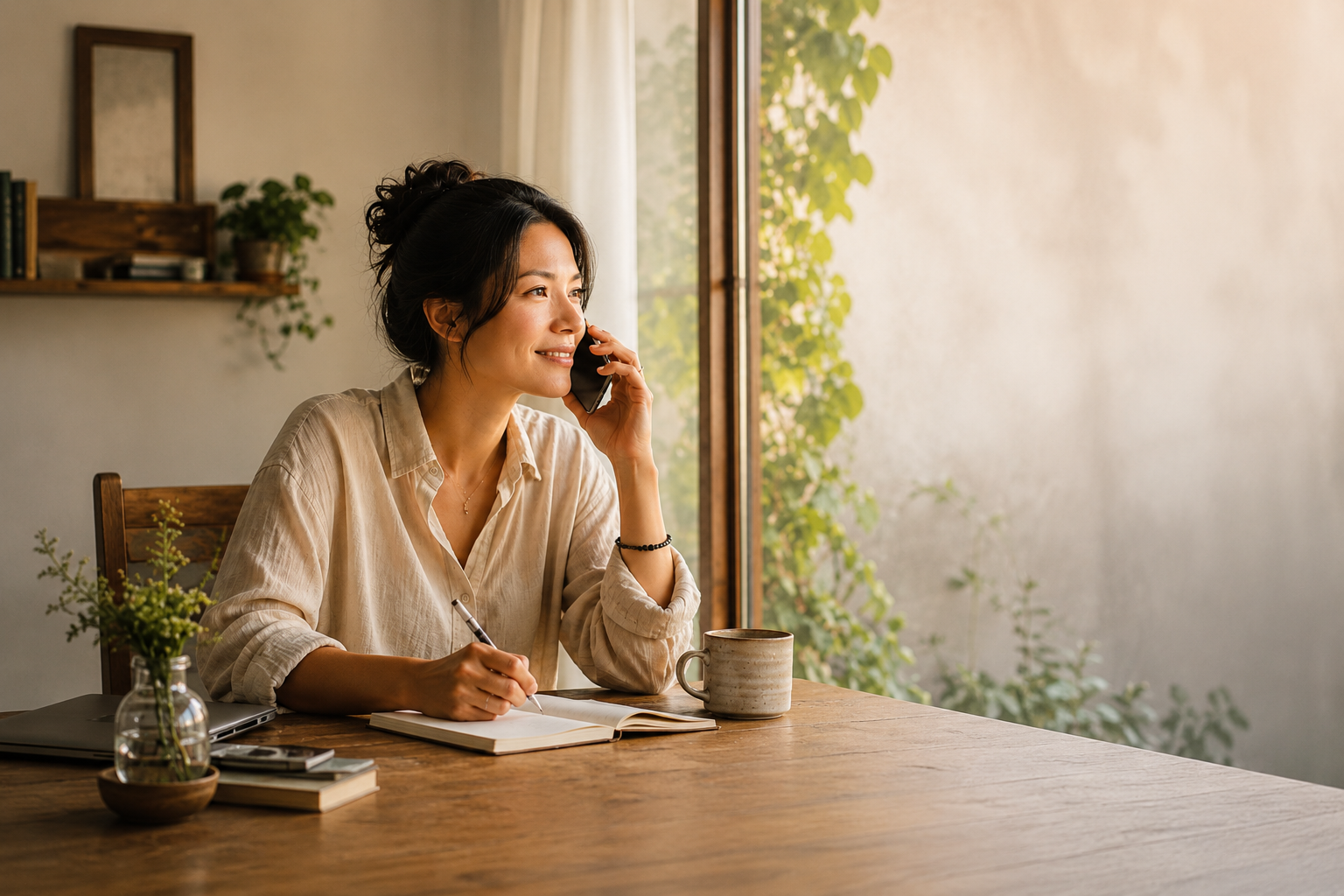 A woman with dark hair in a bun, wearing a beige shirt, is sitting at a wooden table, talking on the phone, writing in a notebook, with a coffee mug nearby, in a cozy room with natural light, a window, and green plants outside.