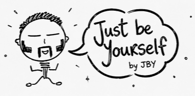 A cartoon called "JBY guy" drawing of a smiling figure with spiky hair, a stylish handlebar moustache and nice sideburns beard, with his eyes glowing of joy but closed to transmit the idea of peace, speech bubble saying "Just be Yourself" by JBY.