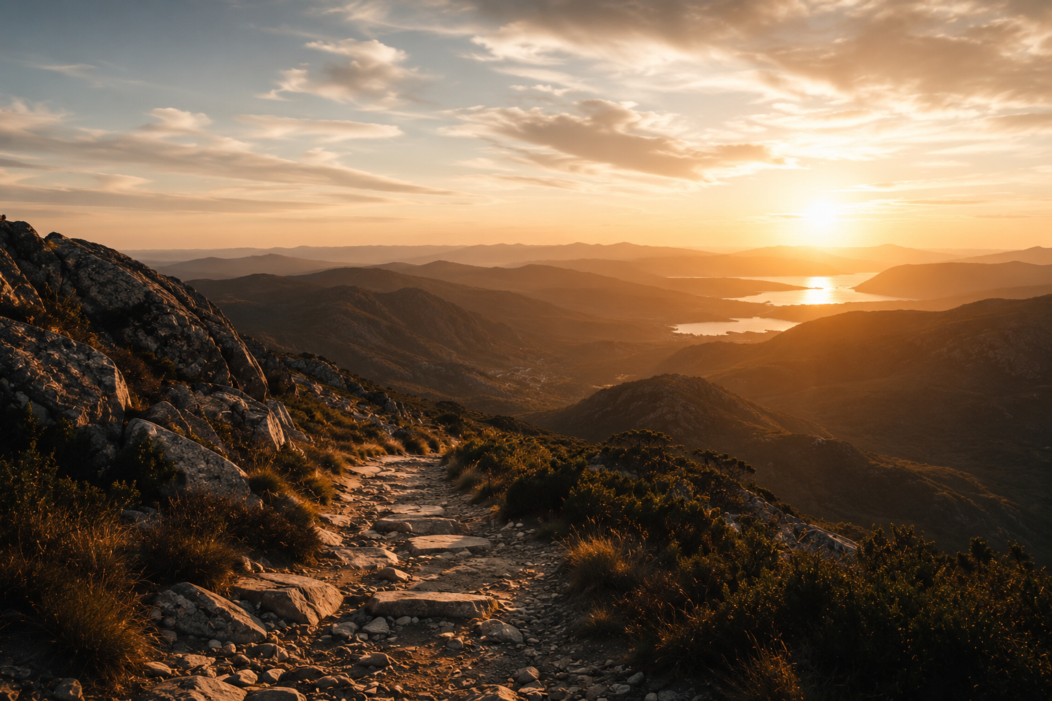 Sunset over a mountainous landscape with a rocky trail in the foreground and lakes in the distance.
