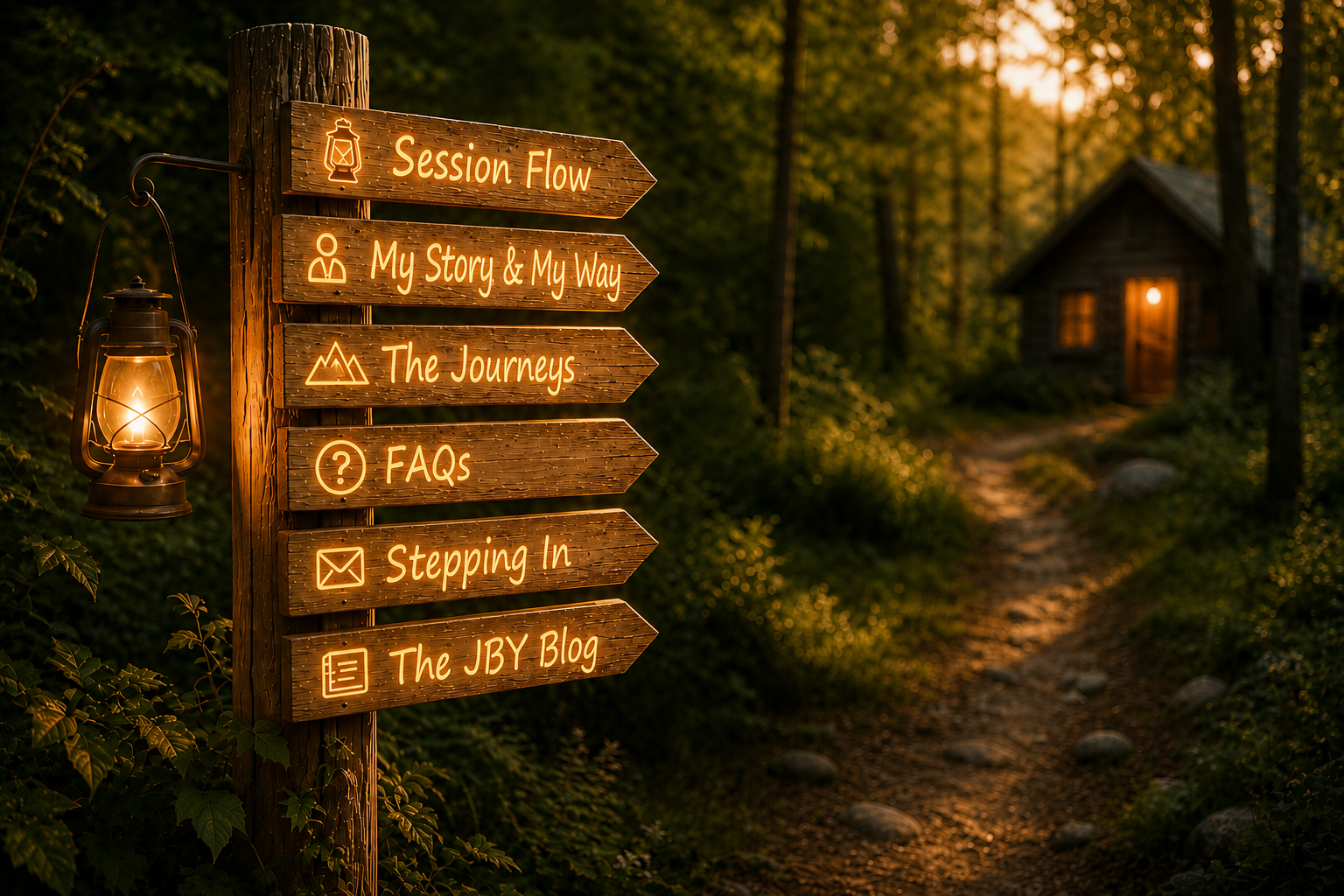 Wooden signpost with lit neon signs pointing to various trail options in a wooded area at sunset, with a small cabin in the background.
