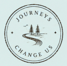 A circular logo with the text 'Journeys Change Us' surrounding a drawing of a winding path between two pine trees and two birds flying above.