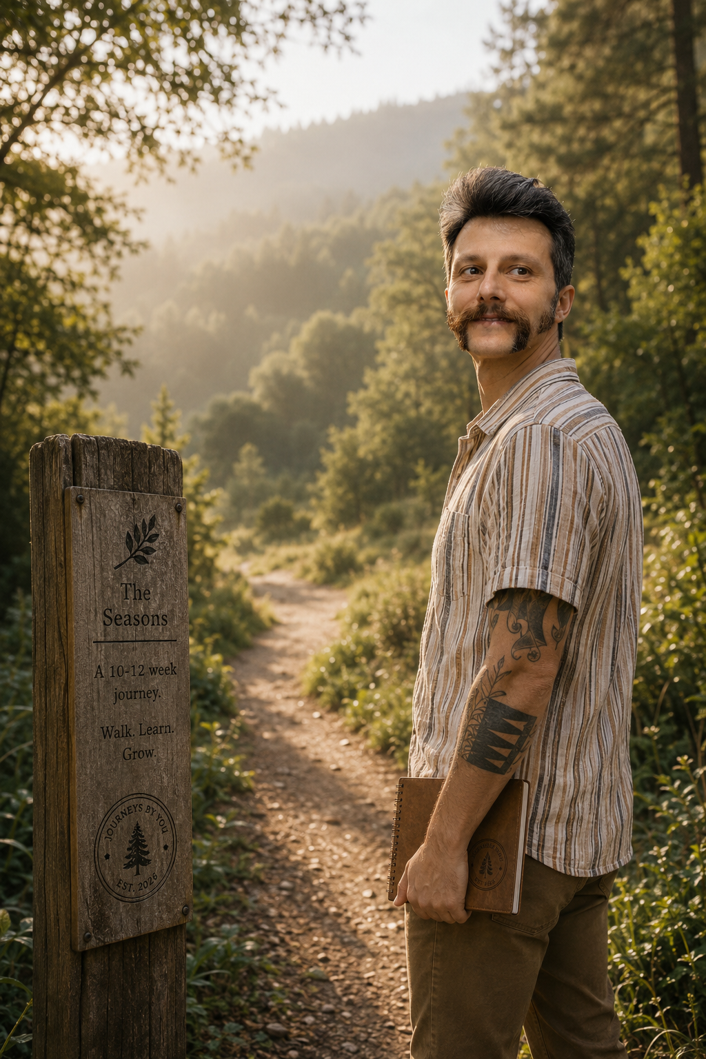 JBY guy with moustache and tattoo on his arm standing on a forest trail holding a notebook, next to a weathered wooden sign that reads 'The Seasons, A 10-12 week journey. Walk. Learn. Grow.' with a mountain and trees in the background during sunset.