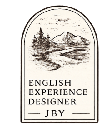Logo with a mountain and trees sketch, text reads "English Experience Designer JBY"
